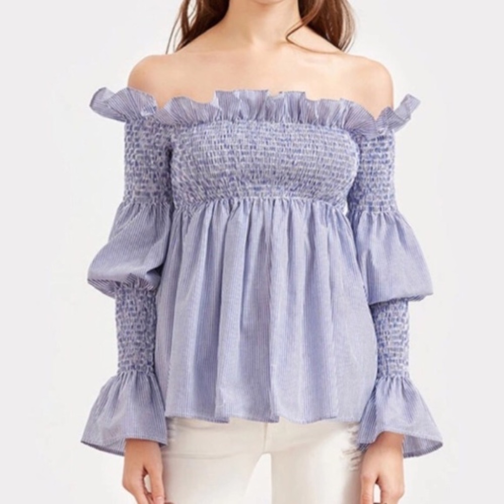 PRICE IS FIRM.Off Shoulder Blue & White Stripe Top
